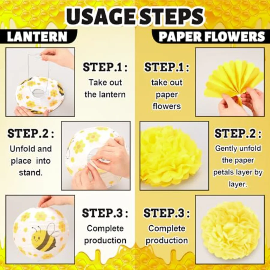 48 Pcs Bee Paper Lanterns Party Decoration Set Yellow Bumble Bee Sunflower, view 3