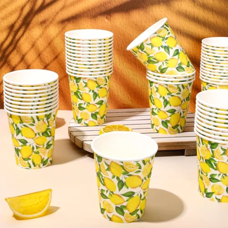 100 Pcs Summer Lemon Paper Cups Watercolor Yellow Lemon Fruit Disposable, view 3