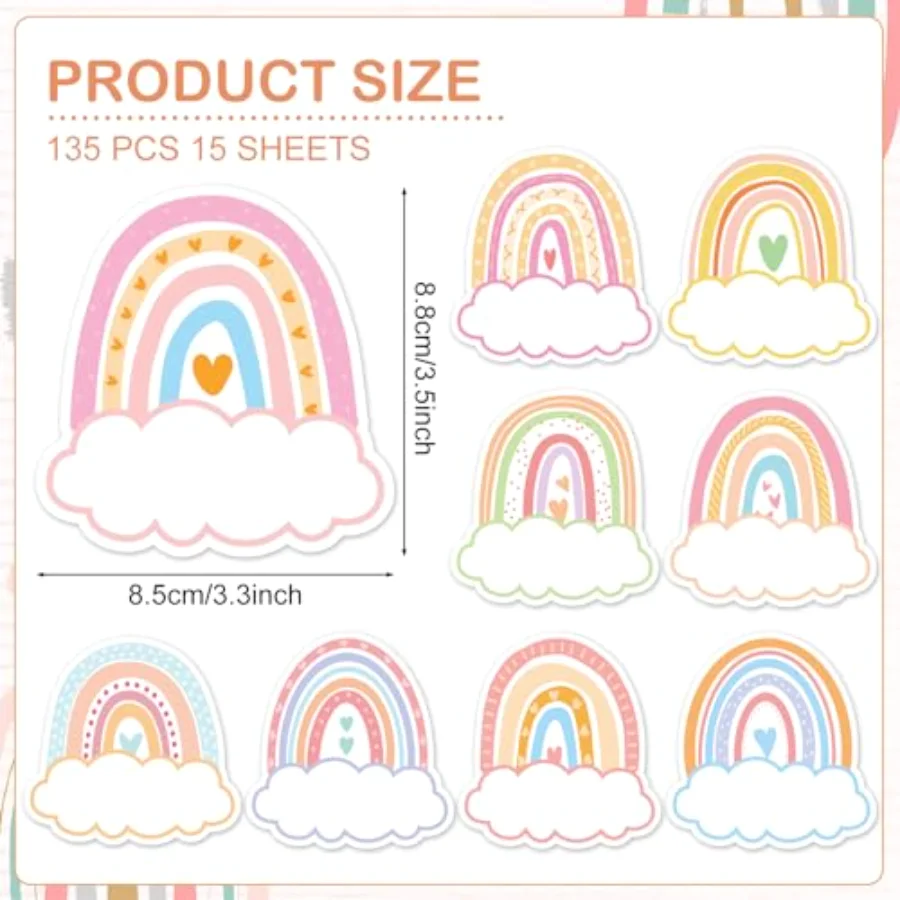 135Pcs Pastel Rainbow Cloud Name Tag Stickers 9 Designs Nameplate Decals, view 2