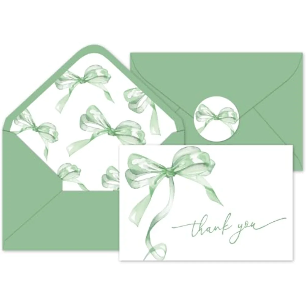 24 Pcs Green Bow Thank You Cards with Envelopes and Stickers Watercolor