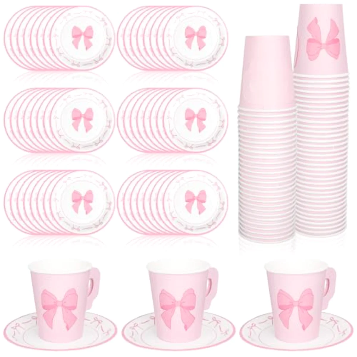 80 Pcs Tea Party Supplies 9oz Pink Bow Paper Tea Cups and Saucers Coquette