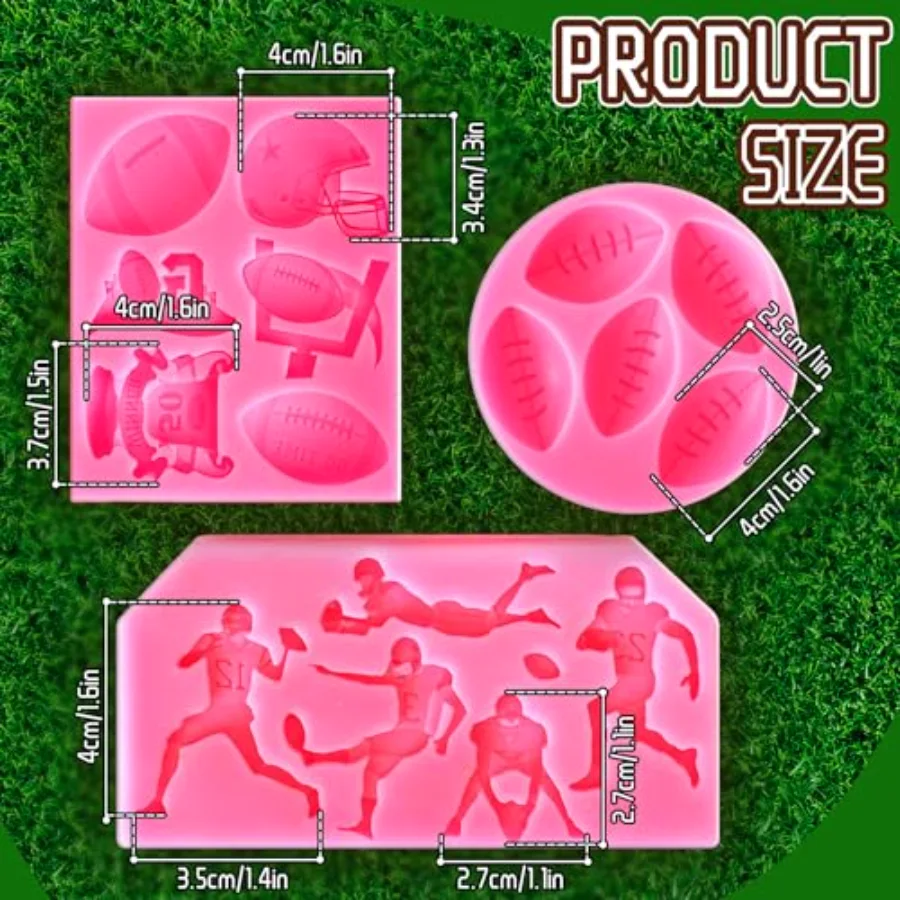 3Pcs Football Fondant Mold Sports Theme Silicone Mold Football Helmet, view 2