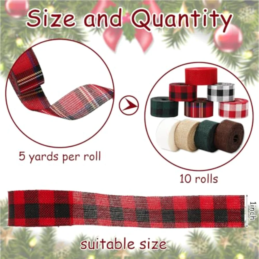 10 Rolls 50 Yard Christmas Plaid Burlap Ribbon Rolls 1 Inch Gift Wrapping, view 2