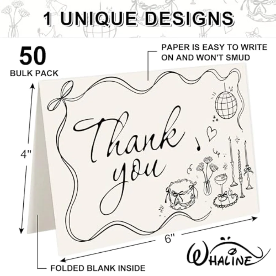 50 Pack Wedding Thank You Cards Vintage Black Bow Cake Thank You Blank, view 2