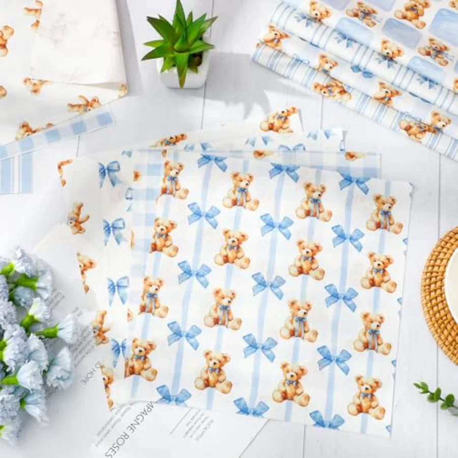 20Pcs Cute Bear Fabric Squares Cotton Fabric Bundles Small Watercolor Blue, view 4