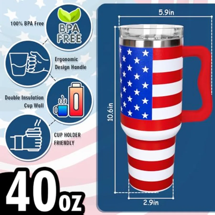 40 Oz Patriotic Tumbler with Handle Straw and Lid Red Blue Stars Stripes, view 2