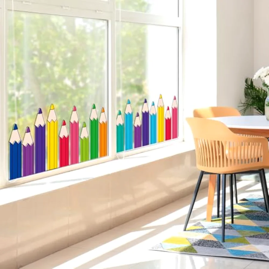 9 Sheets Colorful Pencil Window Clings Window Decal Back to School Rainbow, view 3