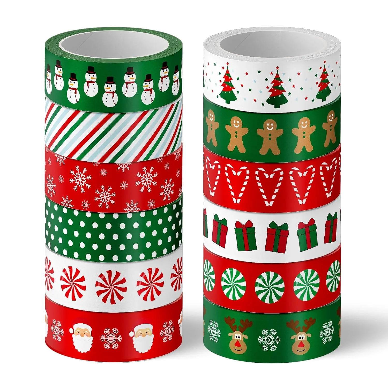 12 Rolls Christmas Washi Tape Red Green Xmas Tree Snowman Santa Claus