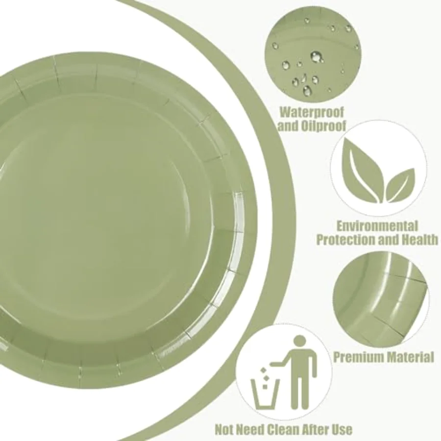 60Pcs Sage Green Paper Plates 9 Inch Gradient Green Beige Color Round, view 3