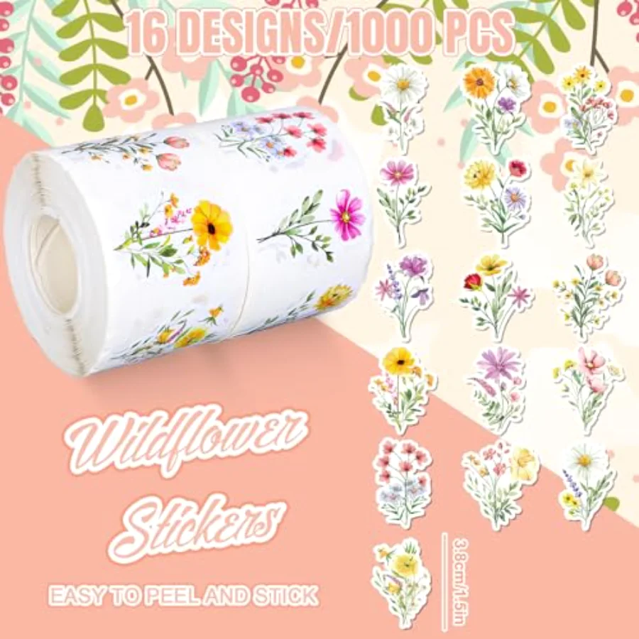 1000Pcs Wildflower Stickers Colorful Floral Paper Decals Flower Bouquet, view 2