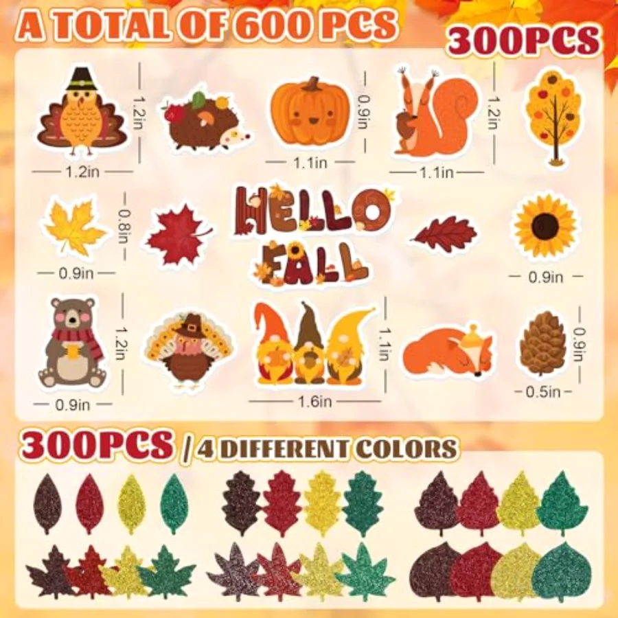 600Pcs Hello Fall Foam Stickers Autumn Animal Maple Leaves Glitter Foam, view 2