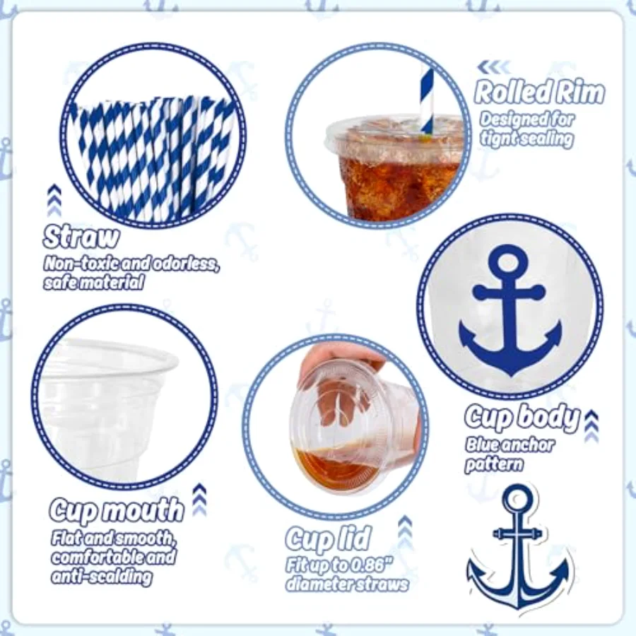 50Pcs Nautical Disposable Plastic Cups with Lids and Straws 12 Oz Blue, view 3