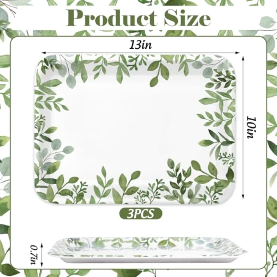 3Pcs Greenery Serving Trays Reusable Melamine Platters Green Leaves, view 2