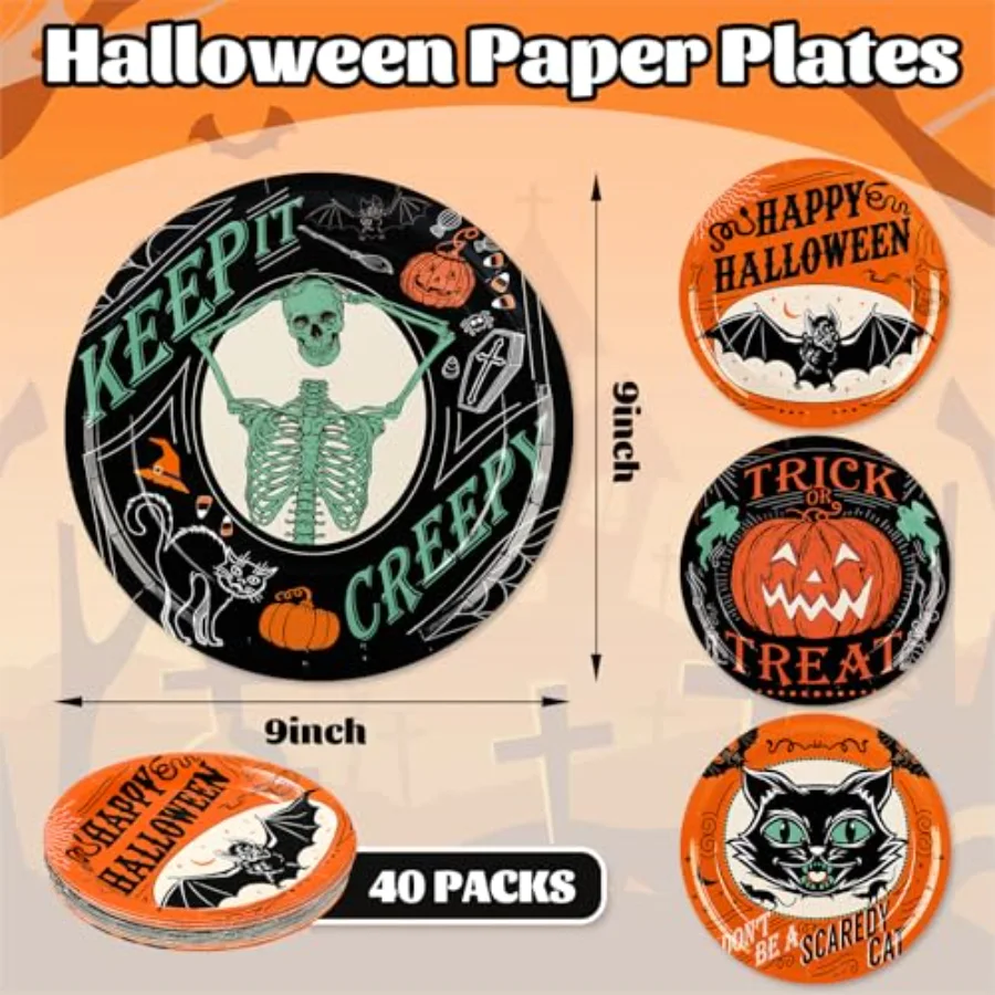 Halloween Paper Plates Vintage Orange Black Disposable Dinner Plates Black, view 2