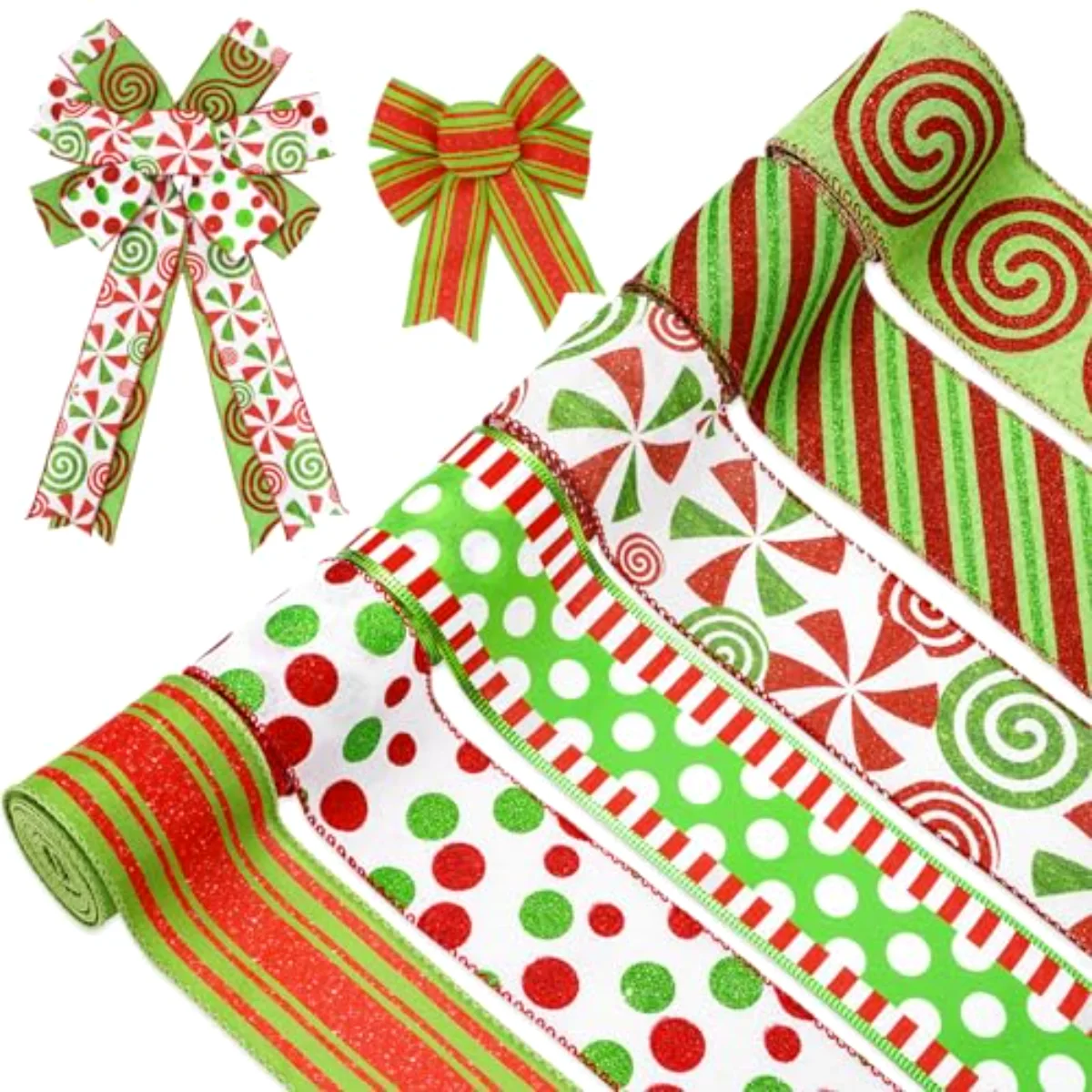 Christmas Ribbons 36 Yards Dot Stripe Candy Wired Edge Ribbon Red Green