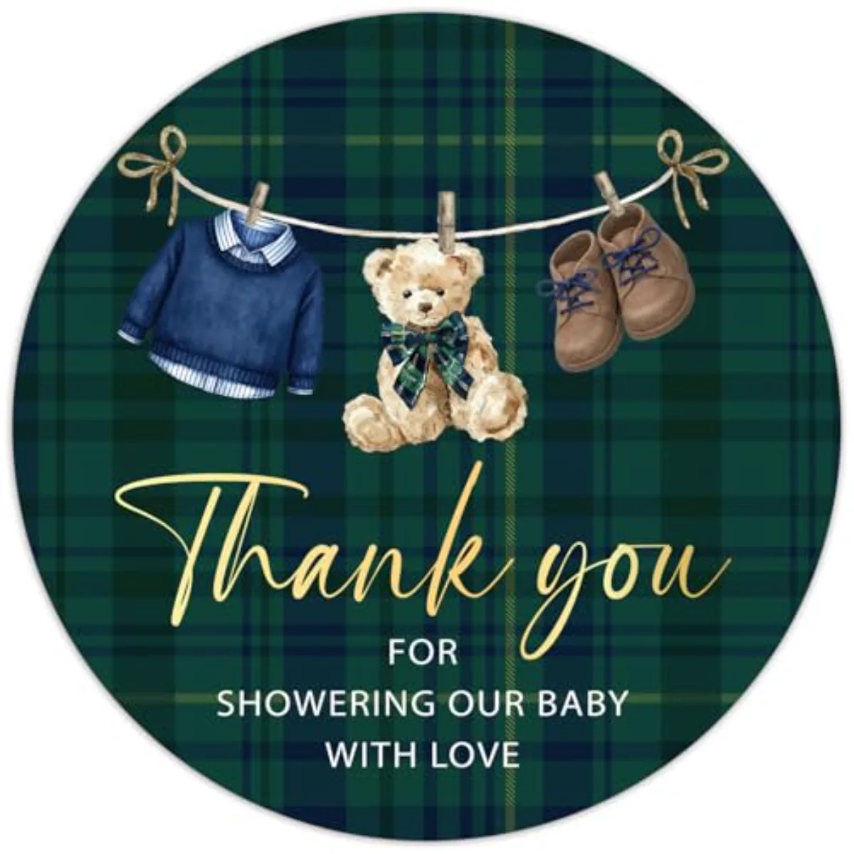 100Pcs Tartan Plaid Bear Baby Shower Thank You Stickers 2 Inch Vintage