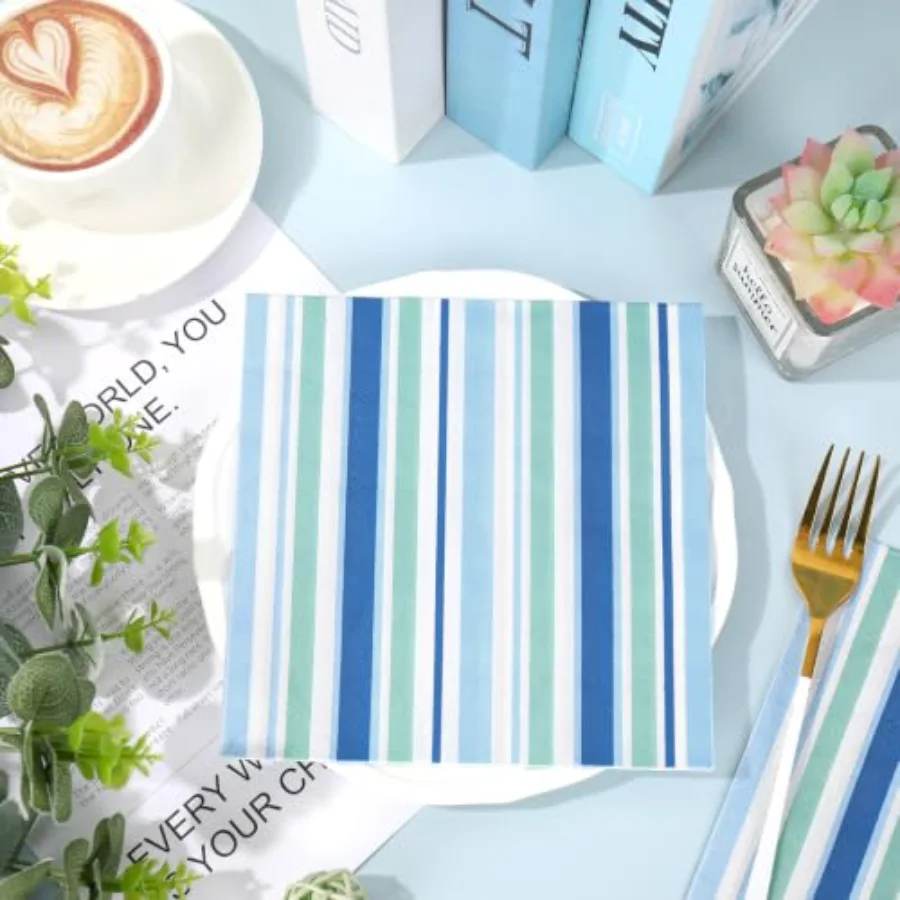 50 Pcs Striped Luncheon Napkins Blue Green Stripe Disposable Paper Napkin, view 3
