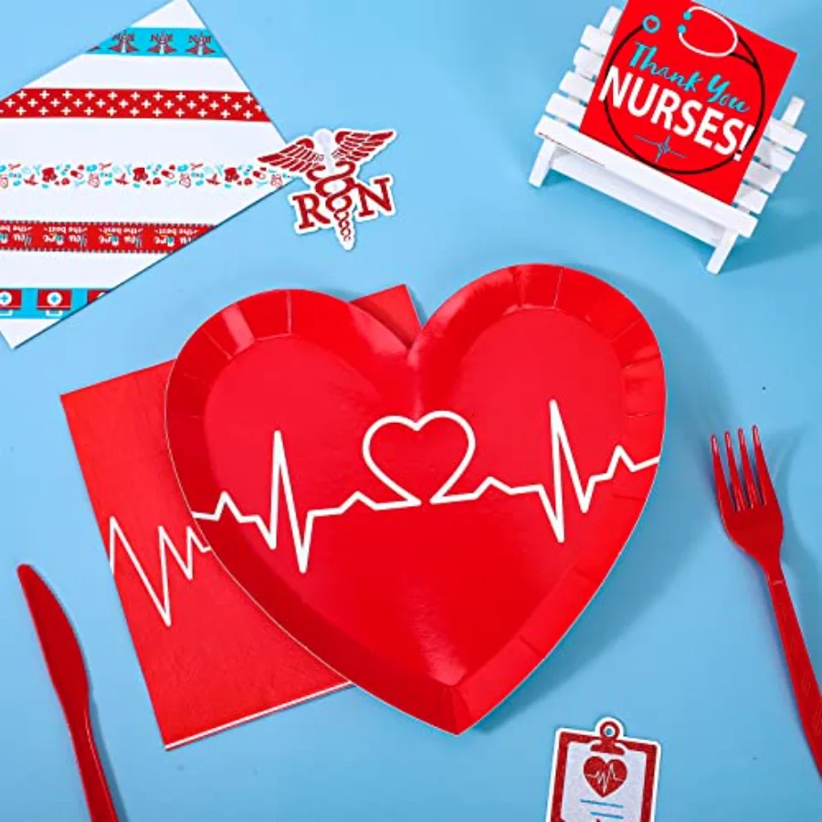 80Pcs 2026 Nurse Graduation Tableware Set Red Heart Rate Prints Disposable, view 3