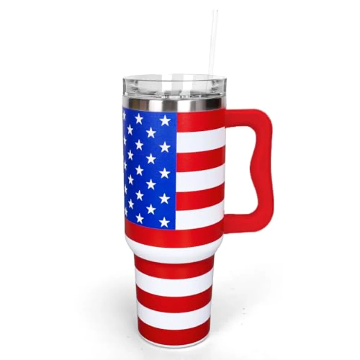 40 Oz Patriotic Tumbler with Handle Straw and Lid Red Blue Stars Stripes