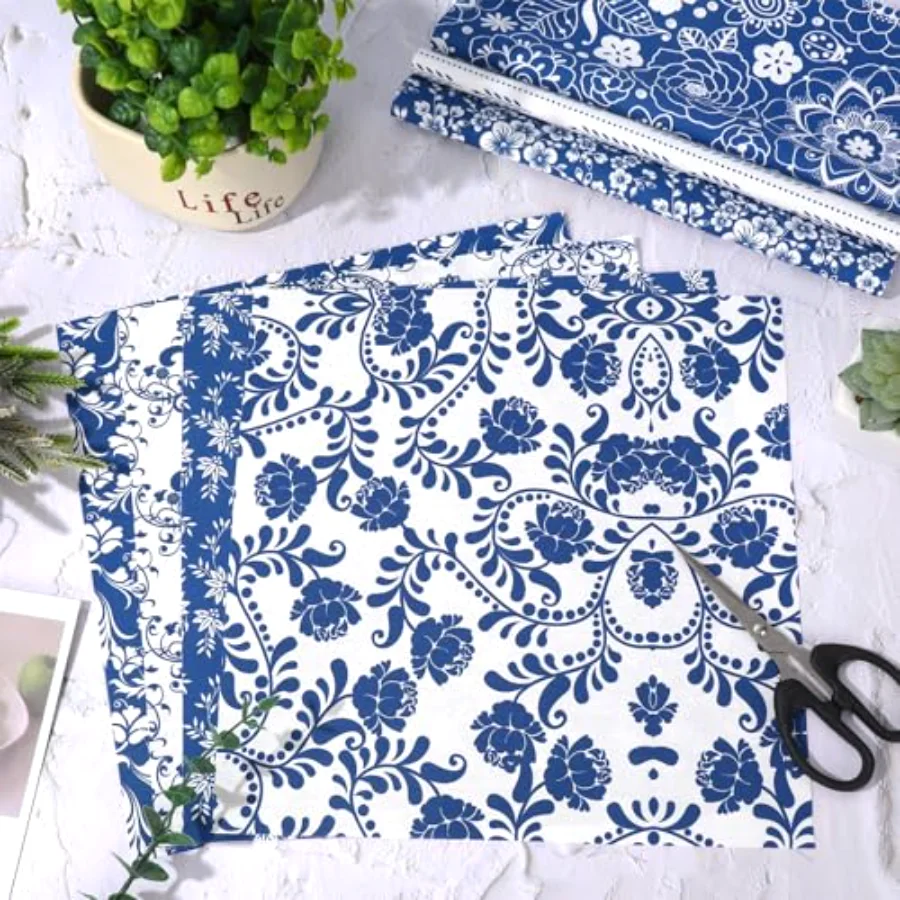 60Pcs Flower Cotton Fabric Bundles Blue White Floral Fabric Square, view 4