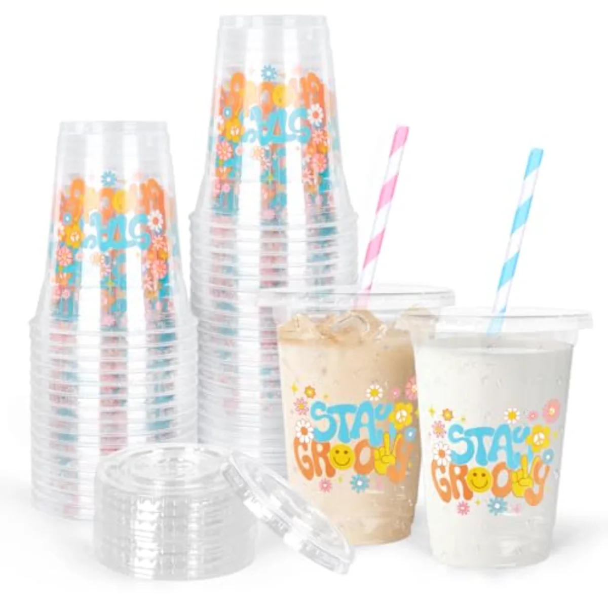 50Pcs Boho Party Plastic Cups 12 oz Stay Groovy Disposable Cups Hippie