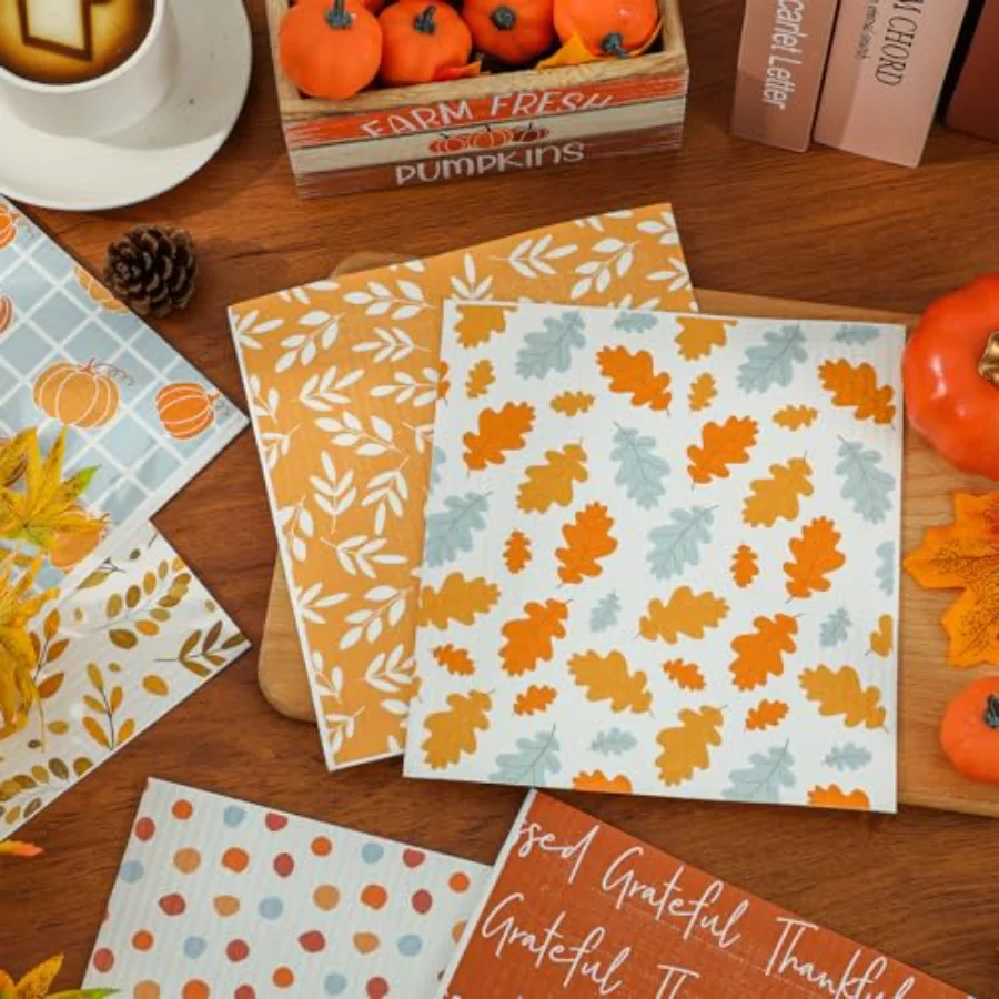 6 Pcs Boho Fall Swedish Dishcloth Pumpkin Leaves Cotton Kitchen Towel, view 4