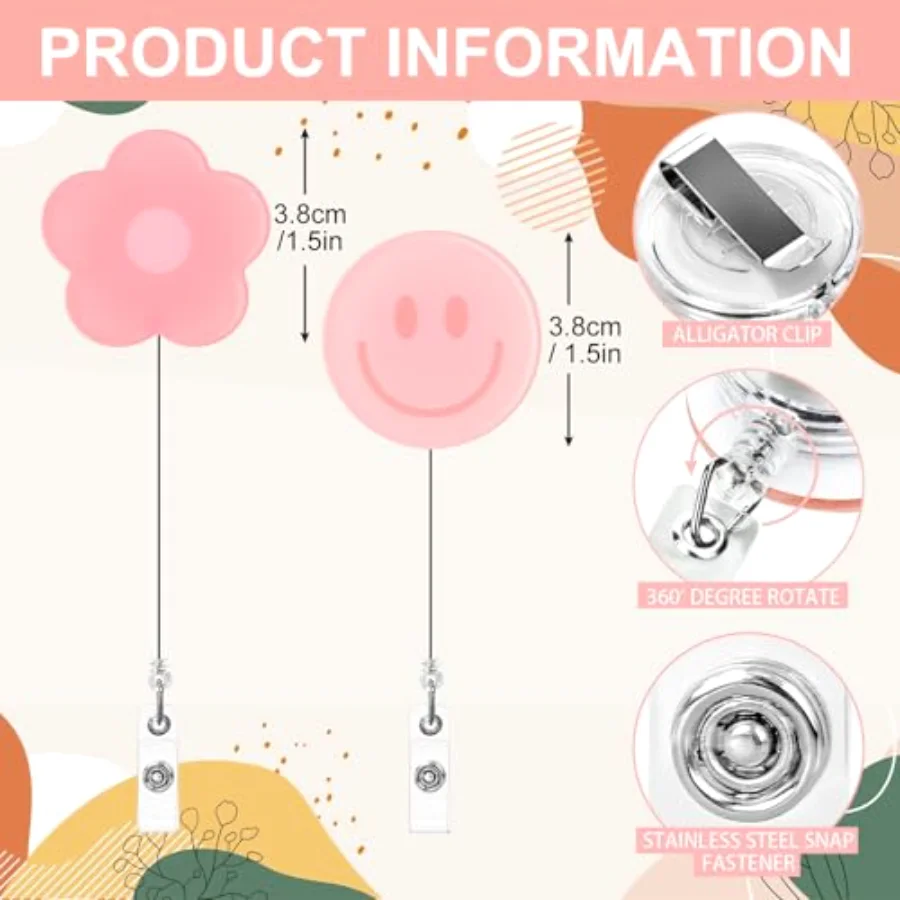 8 Pcs Boho Flower and Smile Badge Reel with Clips Retractable Cord Floral, view 2