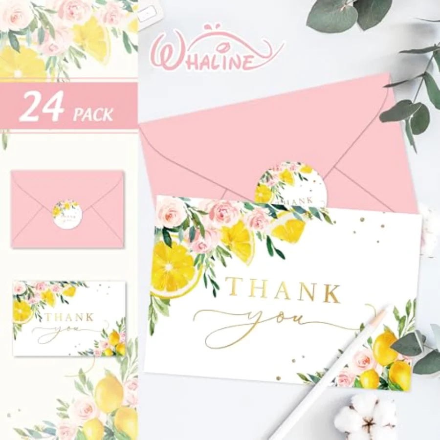 24 Pack Lemon Floral Thank You Cards Pink Flower Yellow Lemon Thank You, view 3