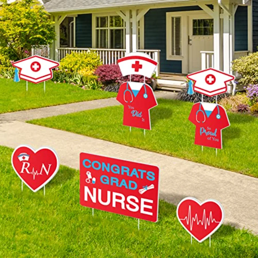 8Pcs Nurse Graduation Yard Signs with 16Pcs Stakes Grad Cap Nurse Cap Lawn, view 2