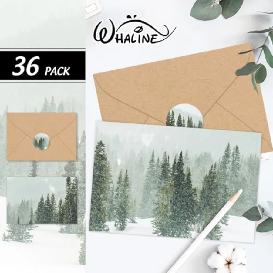 36 Pack Christmas Tree Cards with Envelopes Stickers Winter Forest, view 3
