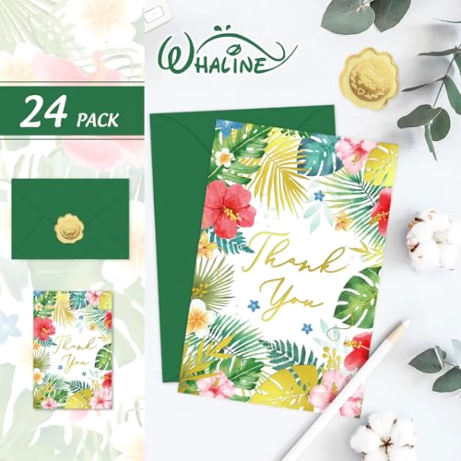 24 Pack Hawaiian Thank You Cards Gold Foil Tropical Flowers Leaves Note, view 3
