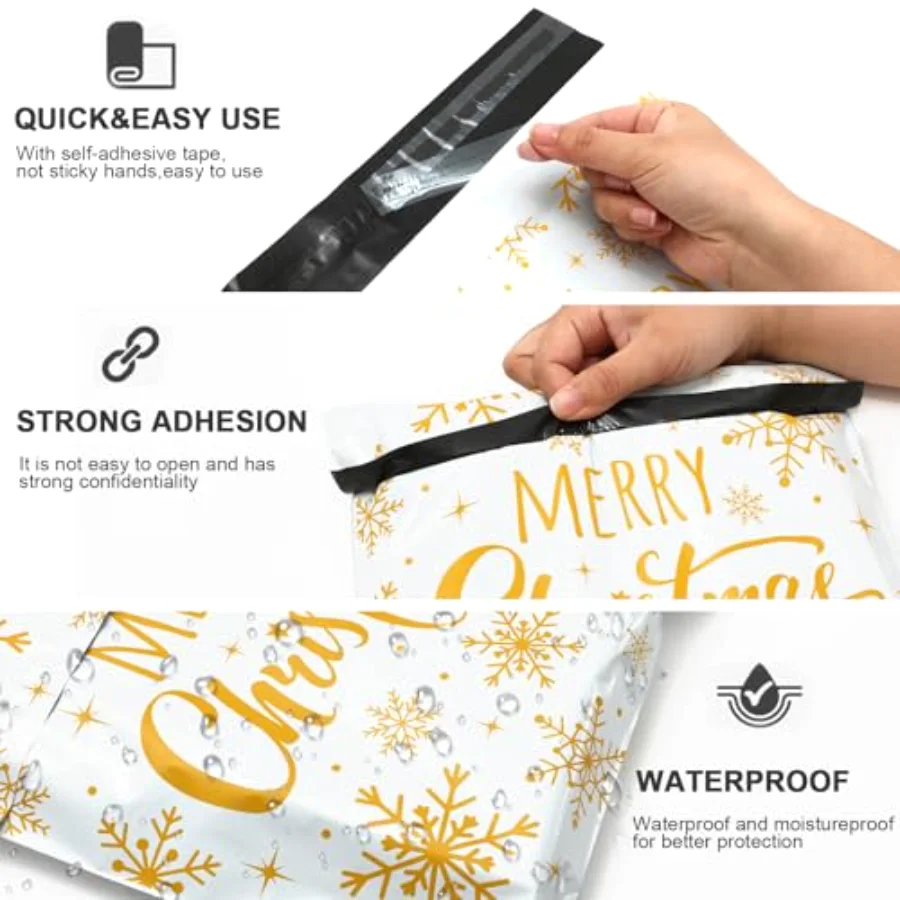 100Pcs Merry Christmas Poly Mailer 10 x 13 Inch Gold Snowflake Mailing, view 3