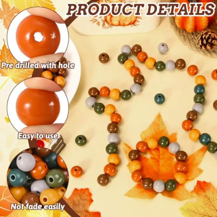 240Pcs Fall Wooden Beads Orange Yellow Green Brown Round Loose Bead Autumn, view 3