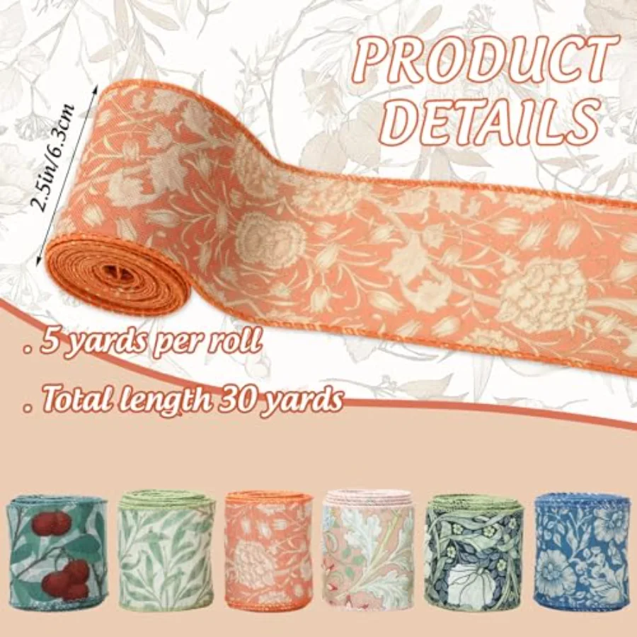 Floral Wired Edge Ribbon 2.5 Inch Vintage Flower Fabric Decorative, view 2