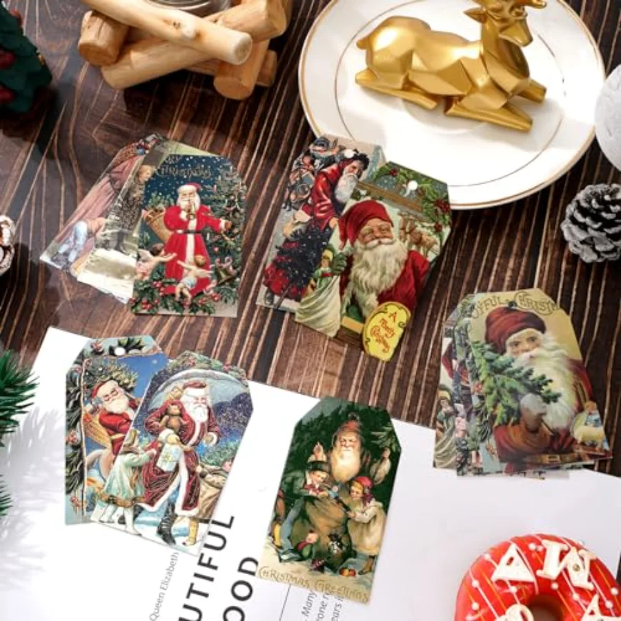 120Pcs Vintage Christmas Paper Gift Tags with Hemp Rope Santa Hanging Tag, view 4