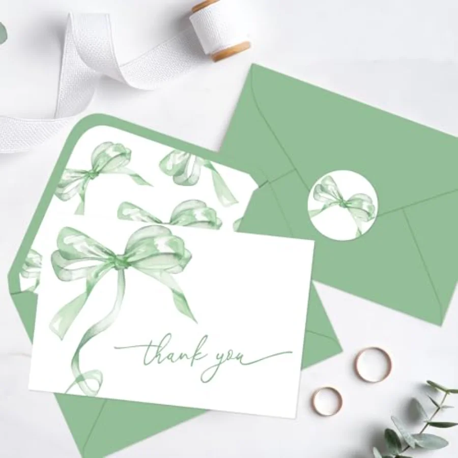 24 Pcs Green Bow Thank You Cards with Envelopes and Stickers Watercolor, view 4
