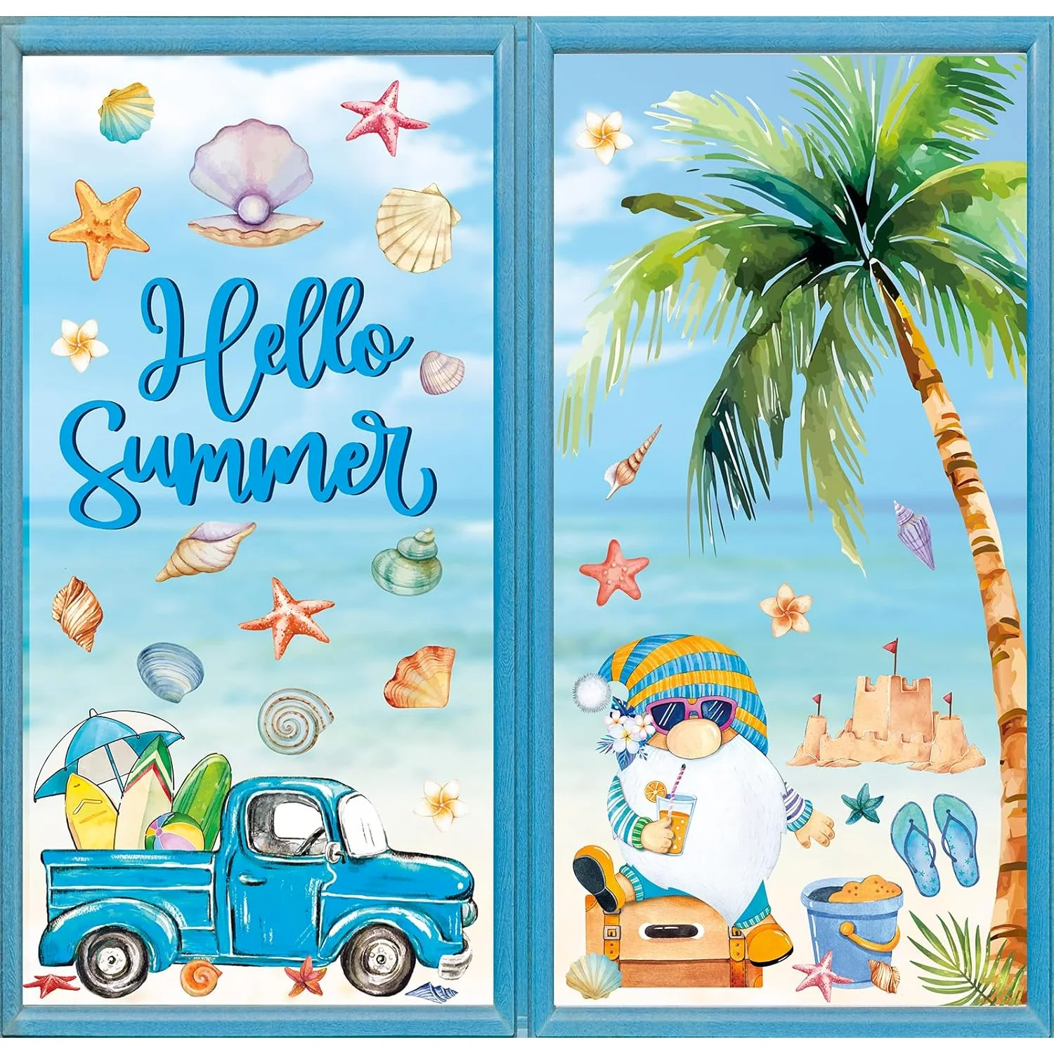 6 Sheet Hello Summer Window Clings Large Palm Tree Sun Beach Gnome Window