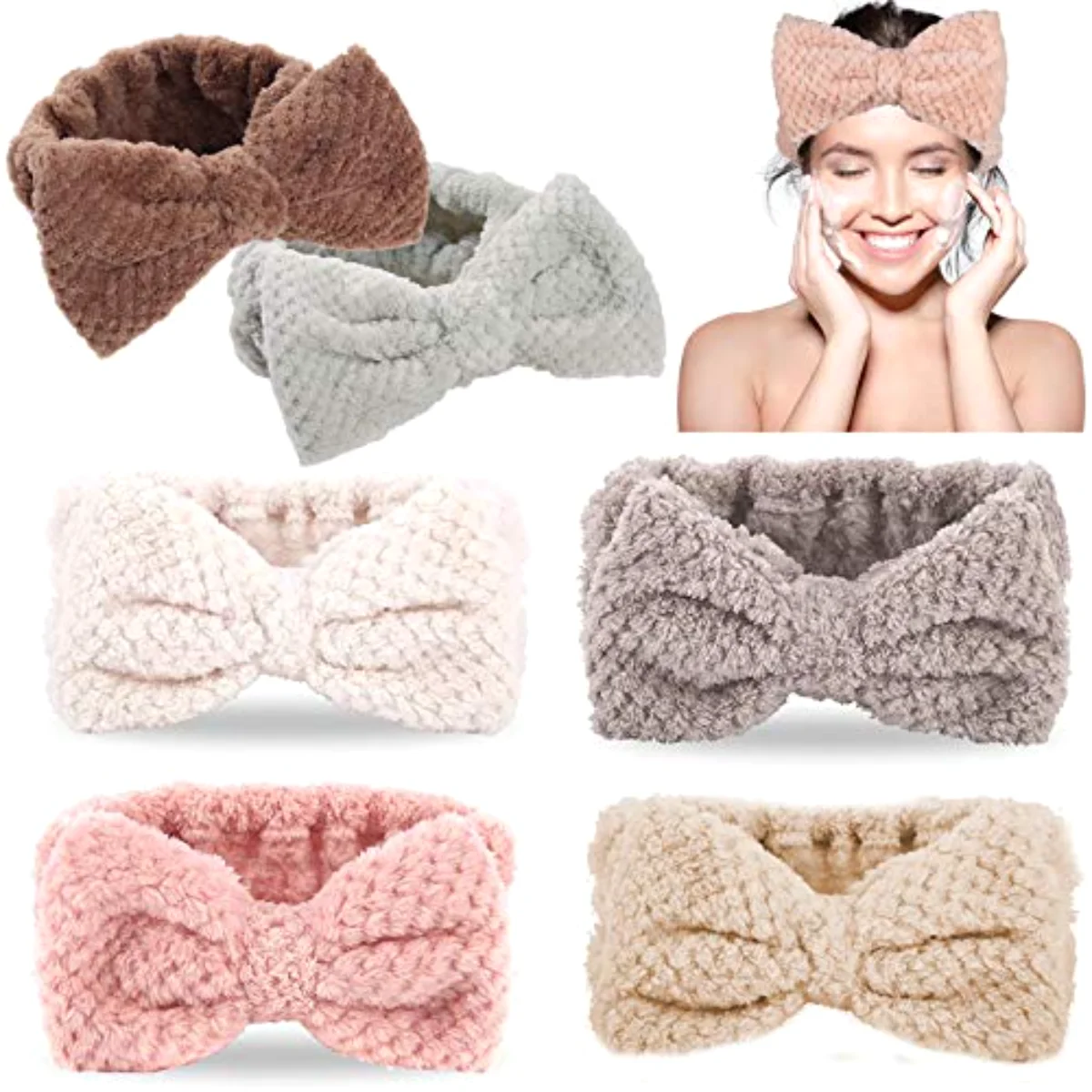 6 Pack Spa Headband Pelerine Design Bowknot Elastic Yoga Makeup Headbands