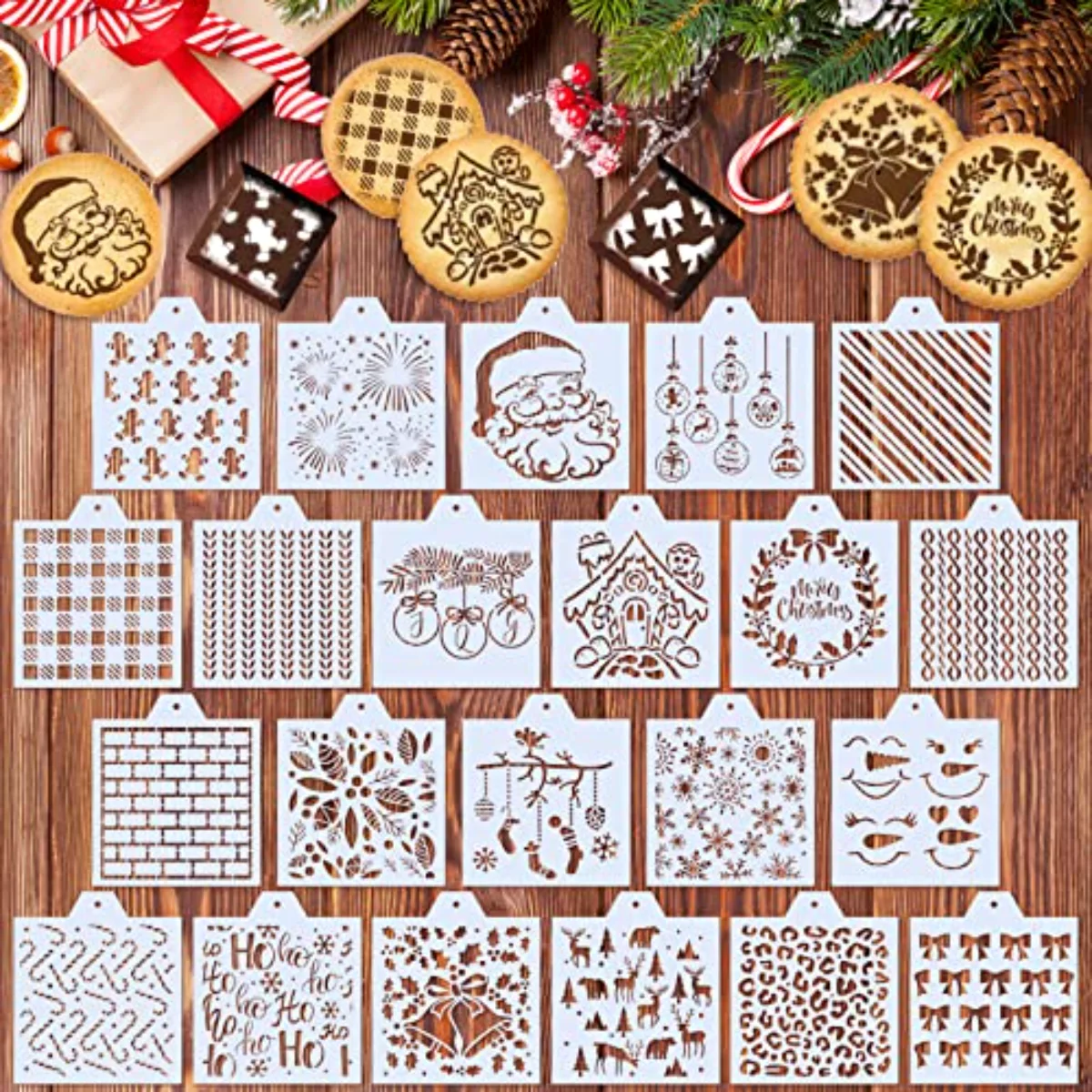 22pcs Christmas Stencils Snowflake Santa Candy Canes Flowers Gingerbread