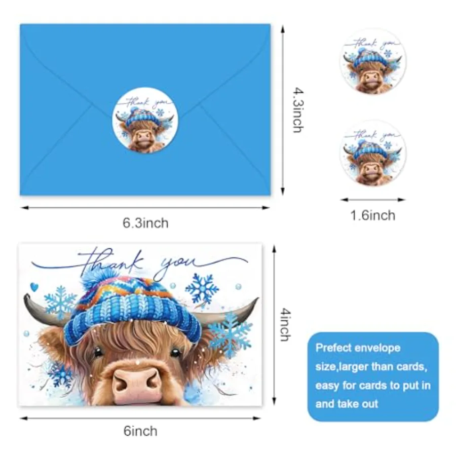 24 Pcs Winter Highland Cow Thank You Cards Blue Snowflake Brown Cow Note, view 2