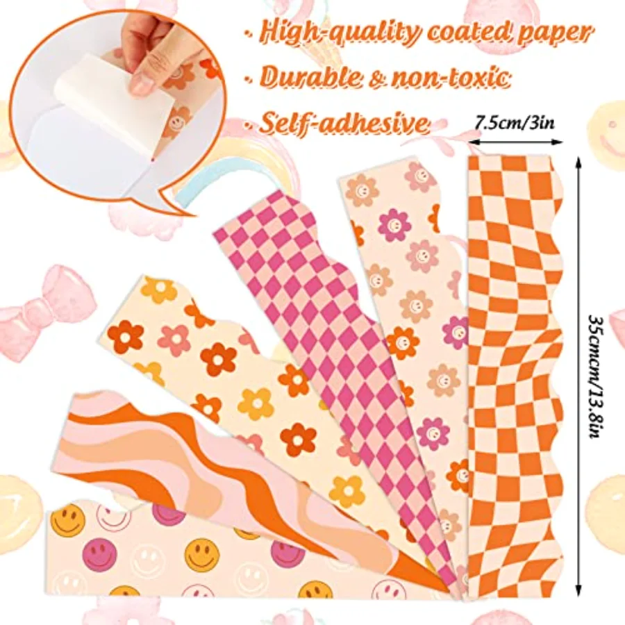 82Ft Boho Bulletin Board Borders Retro Groovy Daisy Flower Checkered, view 2