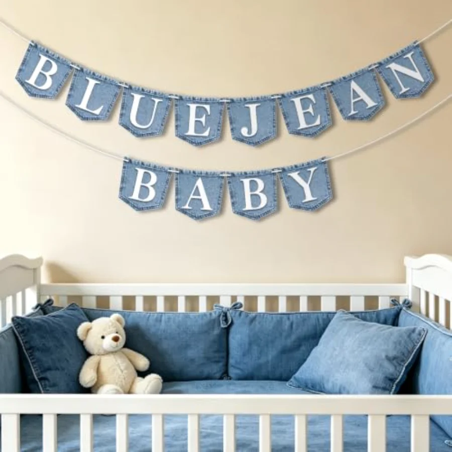 2 Pcs Blue Jean Baby Paper Banner Denim Hanging Bunting Garland DIY, view 4