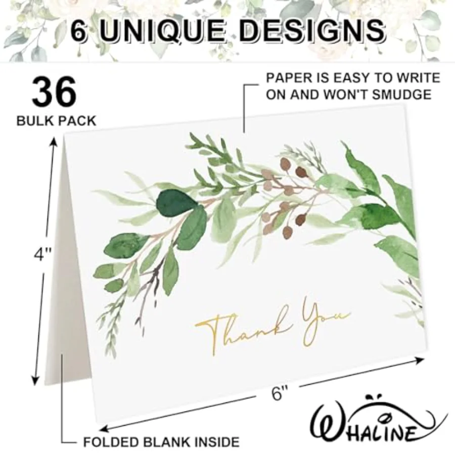 Greenery Thank You Cards Bulk 36 Pack Gold Foil Eucalyptus Greeting Cards, view 2