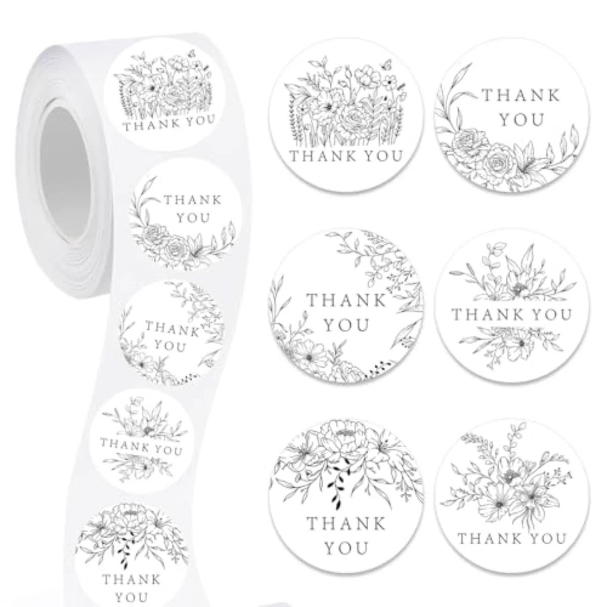 600Pcs Black Floral Thank You Stickers Flower Decal Roll 6 Design Hand