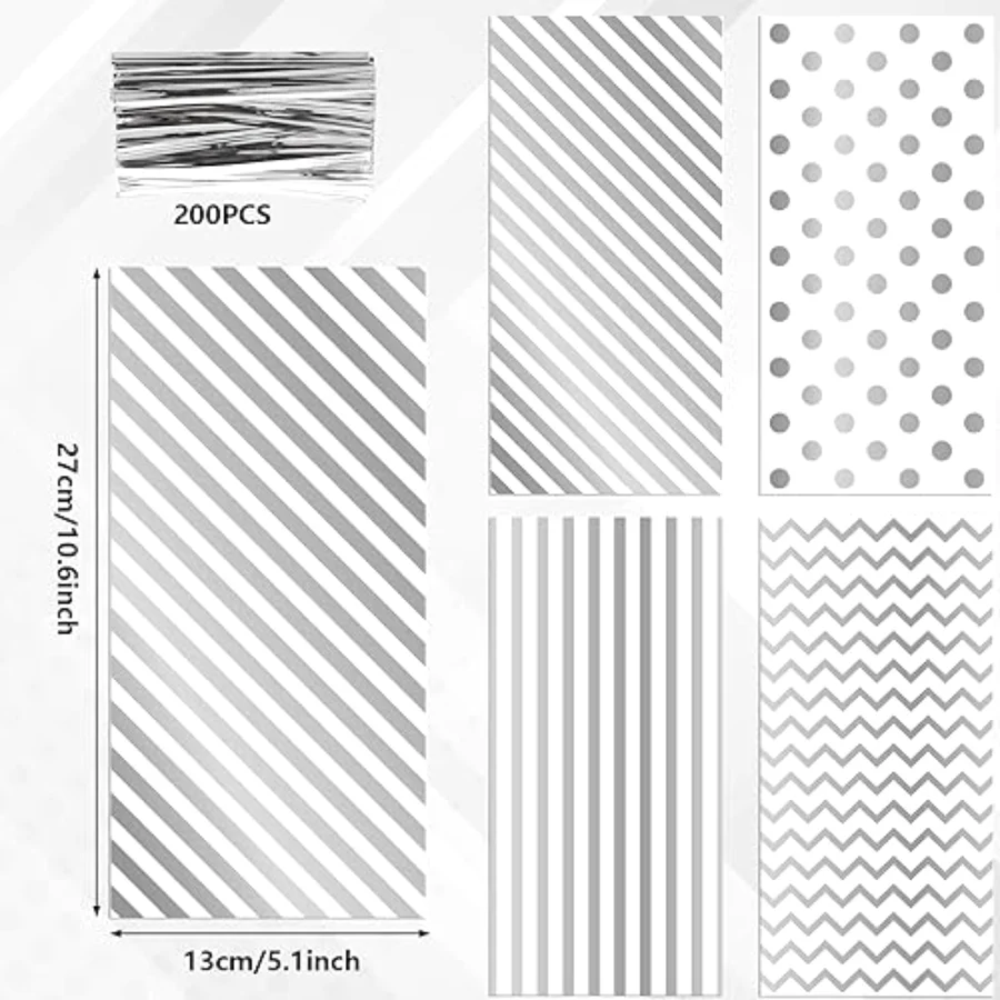 160 Pcs Silver Cellophane Bags with Twist Ties Stripe Wave Dot Print, view 2