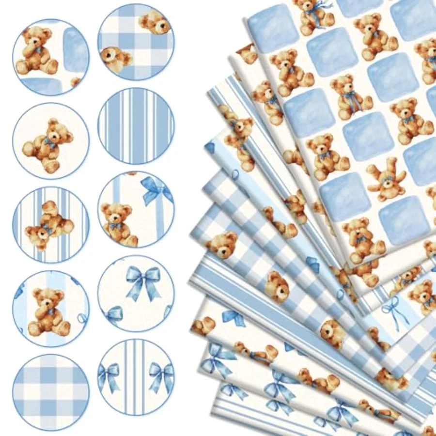 20Pcs Cute Bear Fabric Squares Cotton Fabric Bundles Small Watercolor Blue, view 3