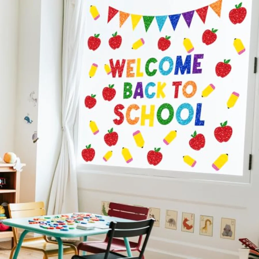9 Sheet Welcome Back to School Window Clings Sparkly Colorful Pencil, view 4