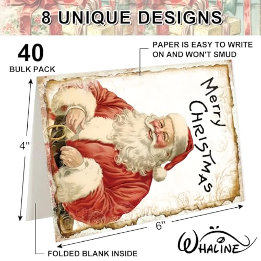 40 Packs Christmas Vintage Greeting Cards Retro Xmas Tree Santa Snowman, view 2