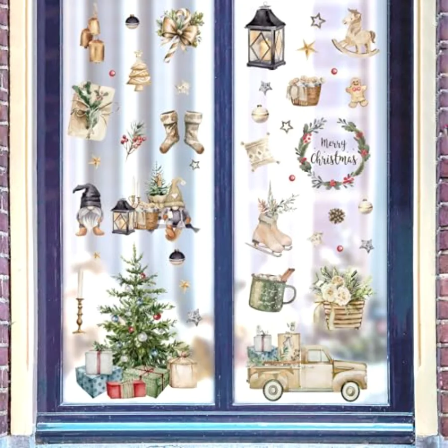 Christmas Window Clings Brown Vintage Xmas Tree Truck Window Stickers, view 3