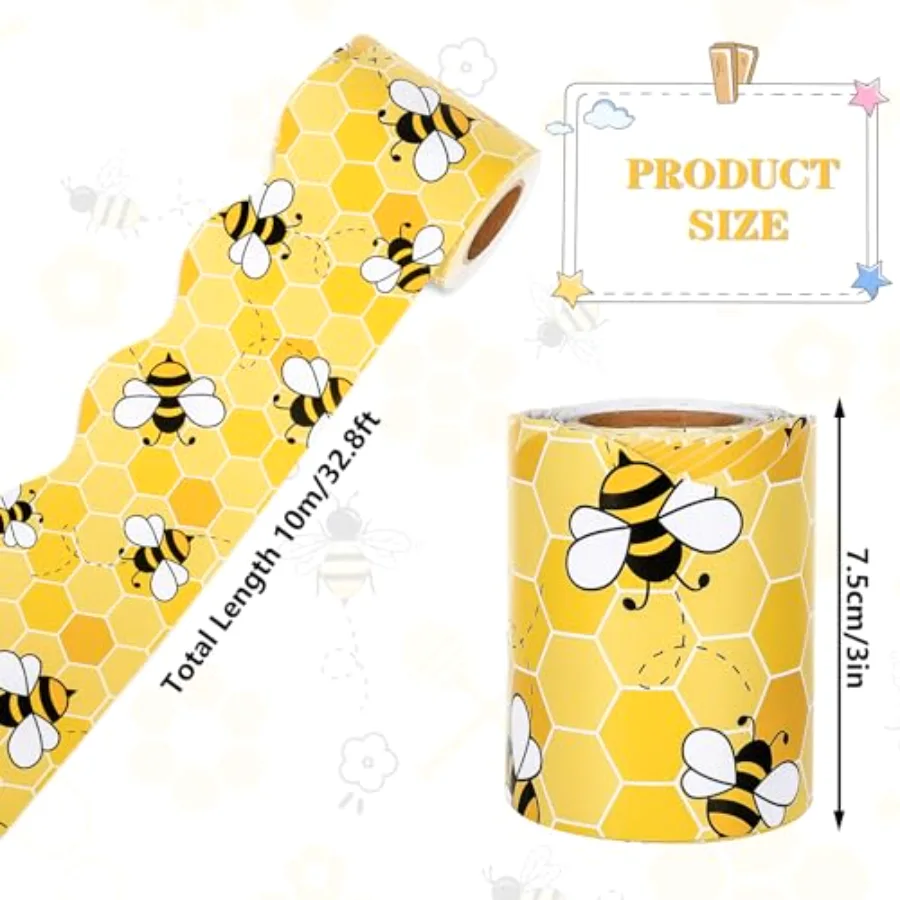 32.8 Ft Summer Bulletin Board Border Yellow Bee Honeycomb Scalloped Die, view 2